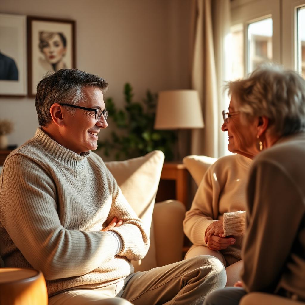A Trust Legacy advisor listening warmly to clients in a comfortable living room