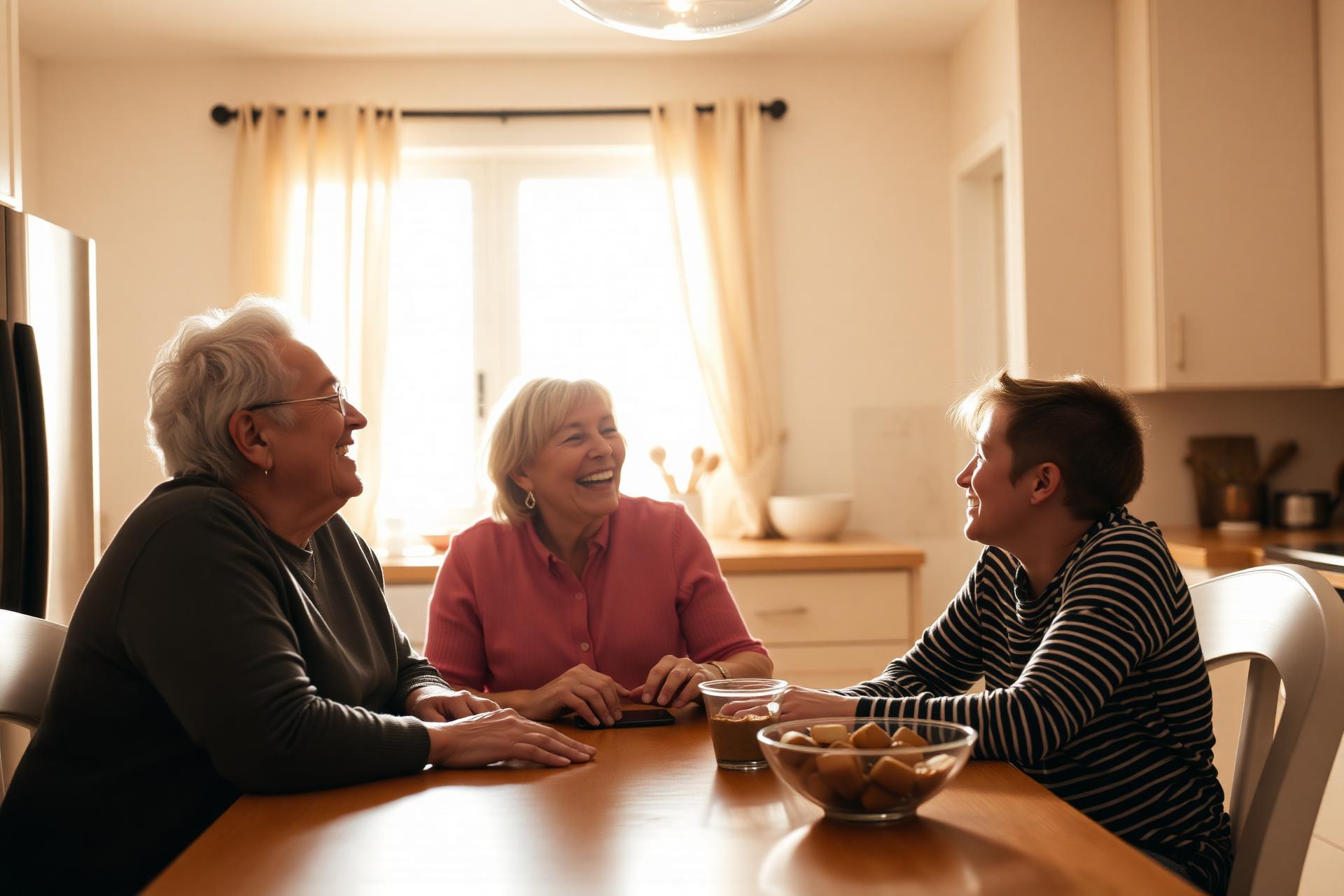 A multigenerational family sharing a warm moment together at the kitchen table